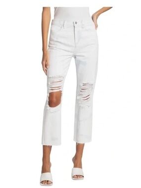 L'AGENCE 4 White High Rise Distressed Straight Ankle Crop Jeans Designer Denim